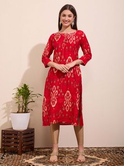 FASHOR - Ethnic Ikat Printed And Embroidered Straight Fit Kurta - Red