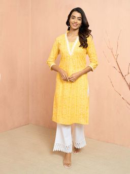Vastramay - Women Yellow Bandhani Print Cambric Kurta