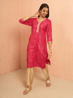 Vastramay - Women Falsa Bandhani Foil Print Rayon Pink Kurta
