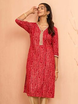 Vastramay - Women Red Bandhani Foil Print Rayon Kurta