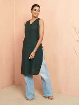 Vastramay - Women Bottle Green Moonlight Jacquard Kurta