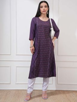 VISHUDH - Women Purple Printed Straight Kurta