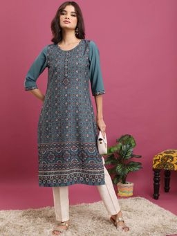 VISHUDH - Women Teal Straight Kurta