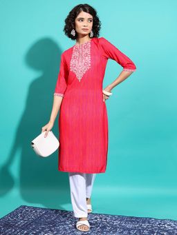 VISHUDH - Women Red And Pink Placement Printed Straight Kurta