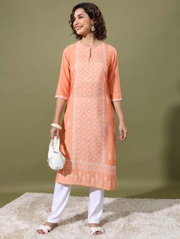 VISHUDH - Women Orange Placement Printed Straight Kurta