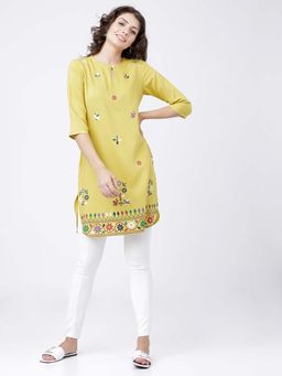 VISHUDH - Women Floral Printed Festive Straight Kurti - Yellow