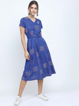 VISHUDH - Womens A-Line Dress with Belt - Blue
