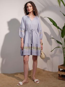 VISHUDH - Women Embroidered Tie-Up Neck A-Line Dress - Blue