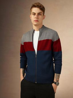 Dennis Lingo - Full Sleeve Mock Collar Color Block Slim Fit Men Sweater