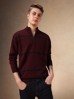 Dennis Lingo - Men Maroon Striped Mock Collar Full Sleeves Pullover Sweater