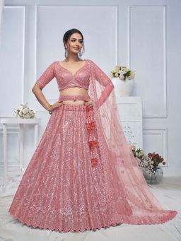 Odette - Pink Embellished Semi-Stitched Lehenga with Unstitched Blouse with Belt (Set of 4)