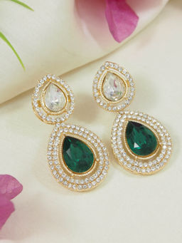 I Jewels - Gold Plated Green Teardrop Shaped Earrings for Women
