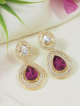 I Jewels - Gold Plated Pink Teardrop Shaped Earrings for Women