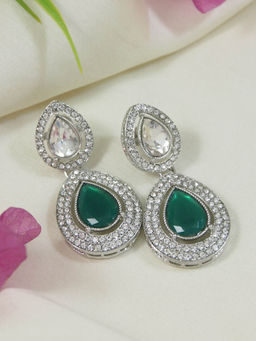 I Jewels - Silver Plated Green Teardrop Shaped Earrings for Women
