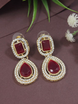 I Jewels - Gold Plated Maroon Teardrop Shaped Earrings for Women