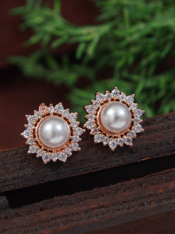 I Jewels - Rose Gold Plated Cubic Zirconia Fashionable Stud Earrings