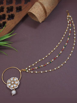 I Jewels - Gold Plated Ethnic Bridal Multi-Layered Pearl Chain Nose Ring