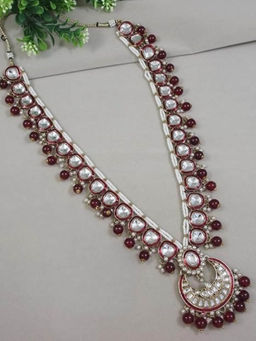 I Jewels - Maroon Traditional Kundan and Pearl Dulha Moti Mala Maharaja Haar