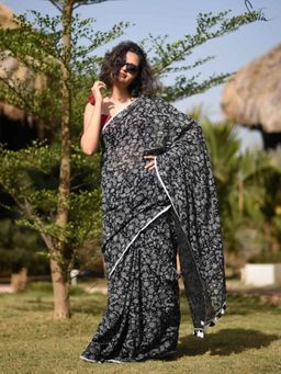 Suta - Black Pure Cotton Block Print Saree With Tasseled Pallu and Without Blouse