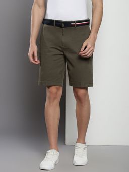 Tommy Hilfiger - Olive Regular Fit Solid Mid-Rise Shorts with Belt