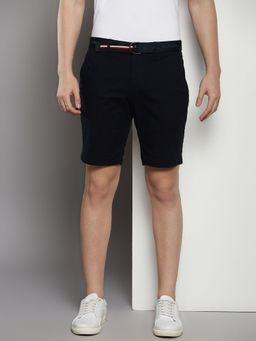 Tommy Hilfiger - Navy Blue Regular Fit Solid Mid-Rise Shorts with Belt