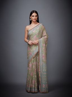 RI.Ritu Kumar - Khaki Floral/Tropical Saree with Unstitched Blouse