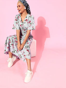 RARE - Women Blue Floral Printed V-Neck Maxi Dress