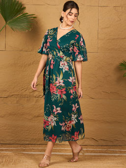 RARE - Women Teal Floral Printed Fit & Flare Maxi Dress