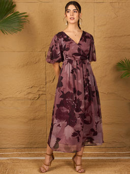 RARE - Women Burgundy Floral Print Fit & Flare Maxi Dress