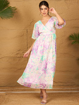 RARE - Women Multi-Color Tie & Dye Print Chiffon Fit & Flare Maxi Dress