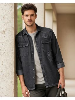 Bewakoof - Marvel Men Jet Black Punisher Washed Denim Shirt