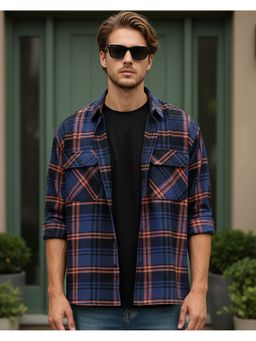 Bewakoof - Men Blue And Orange Checked Oversized Shirt