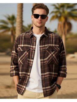 Bewakoof - Men Brown And Beige Checked Oversized Shirt