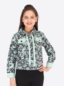 Cutecumber - Girls Denim Floral Printed Green Jacket