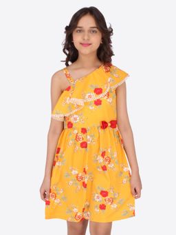 Cutecumber - Girls Ruffled Floral Printed Mustard Dress