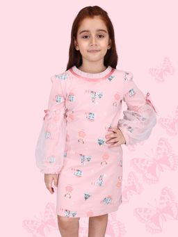 Cutecumber - Girls Hosiery and Glitter Net Printed Full Sleeve Shift Dress