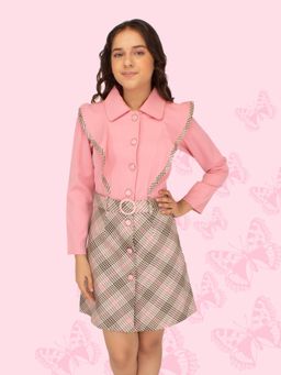 Cutecumber - Girls Checkered Full Sleeve Dress with Belt