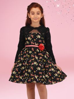 Cutecumber - Girls Black and Yellow Floral Printed Fit and Flare Dress