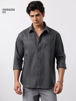 The Souled Store - Charcoal Solid/Plain Collar Neck Shirt