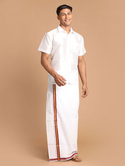 Vastramay - Mens White Silk Blend Shirt And Mundu (Set of 2)