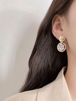Yellow Chimes - Gold-Plated and White Circular Crystal Studded Drop Earrings