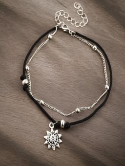 OOMPH - Black Multi Layer Antique Silver Beads Anklet