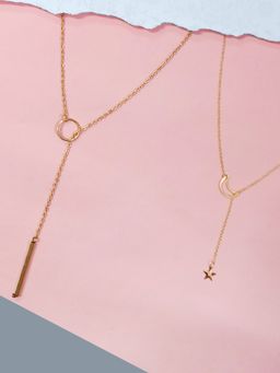 OOMPH - Gold Tone Star & Moon Lariat Chain Delicate Necklace (Set of 2)