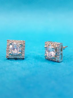 OOMPH - Silver Tone Square Geometric Cubic Zirconia Ear Stud Earrings