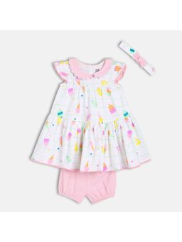 MINI KLUB - White Printed Dress with Bloomer and Hair Band (Set of 3)