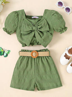 Hopscotch - Girls Green Bow Applique Blouse and Shorts with Belt