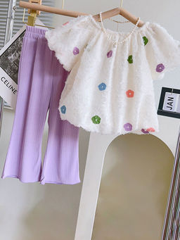 Hopscotch - Girls White and Lavender Floral Embroidered Top Pants