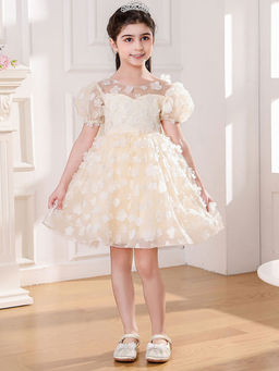 Hopscotch - Girls Beige Floral Applique Flared Puff-Sleeves Party Dress