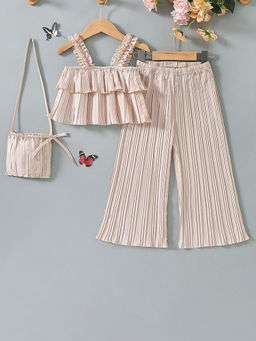 Hopscotch - Girls Beige Textured Blouse and Pant with Handbag