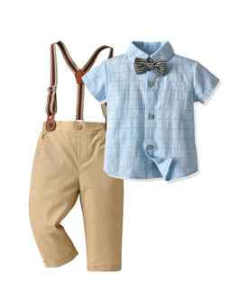 Hopscotch - Boys Blue and Beige Checkered Shirt Pant with Suspender Bow